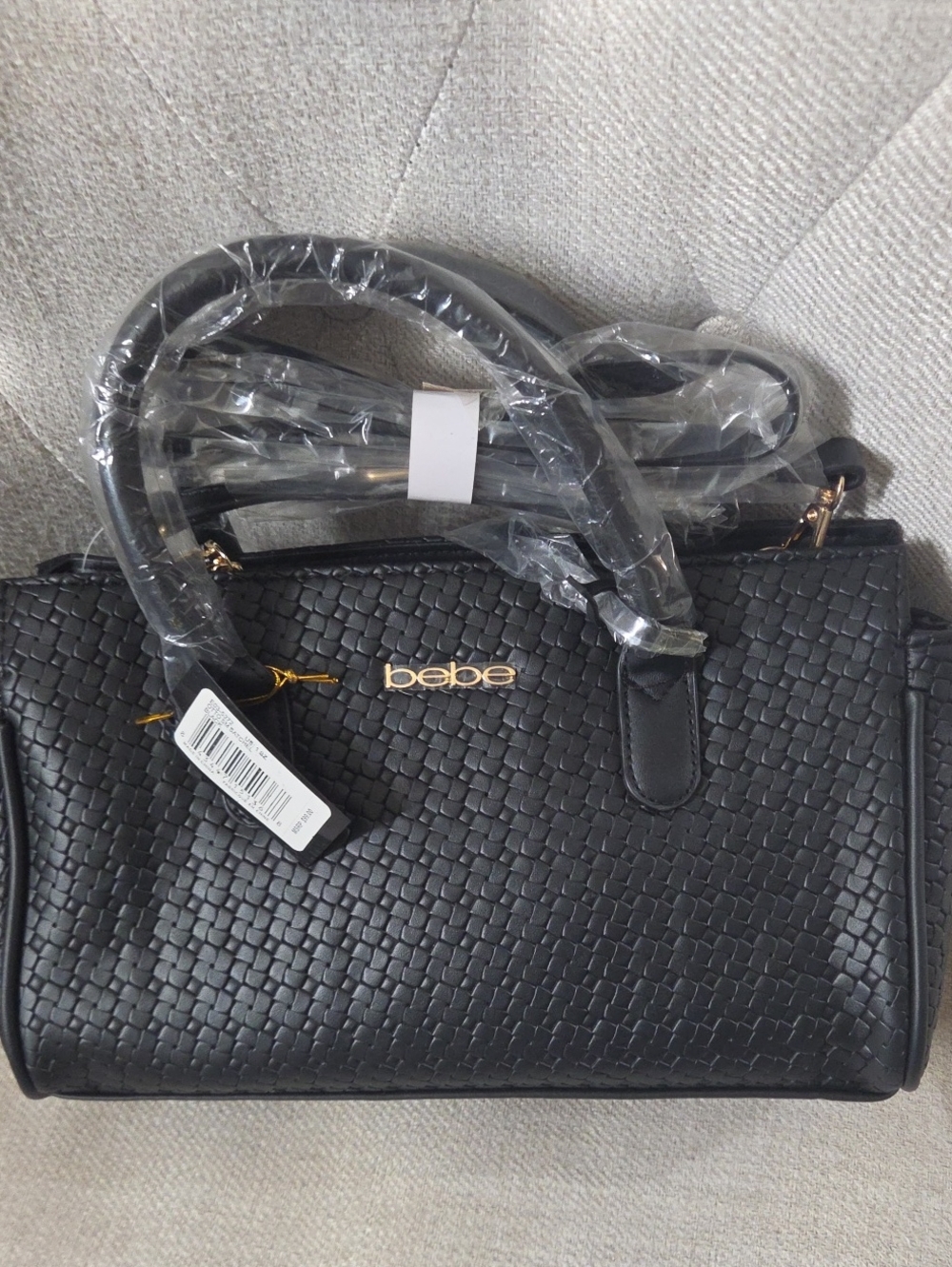 NWT bebe Black Woven Satchel with Gold Logo